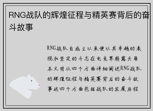 RNG战队的辉煌征程与精英赛背后的奋斗故事
