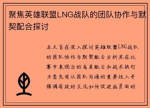 聚焦英雄联盟LNG战队的团队协作与默契配合探讨